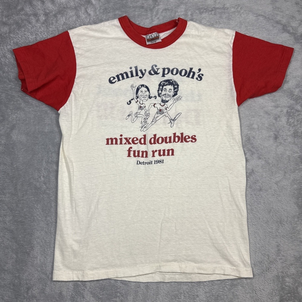 Vintage Emily & Pooh Detroit Run Shirt Men L Off White Red 80s